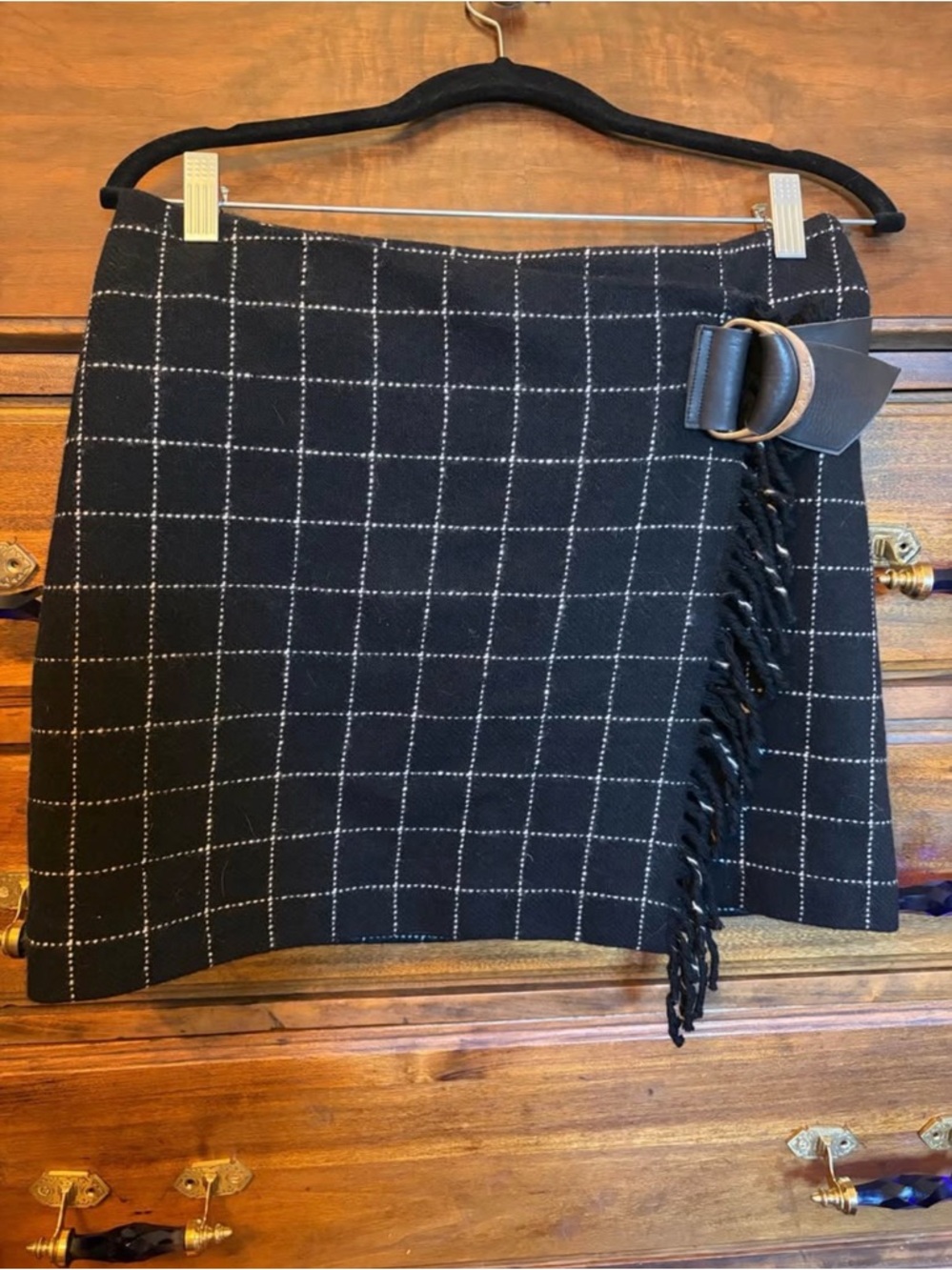 Ralph Lauren Black Windowpane Mini Skirt with Belt and Fringe